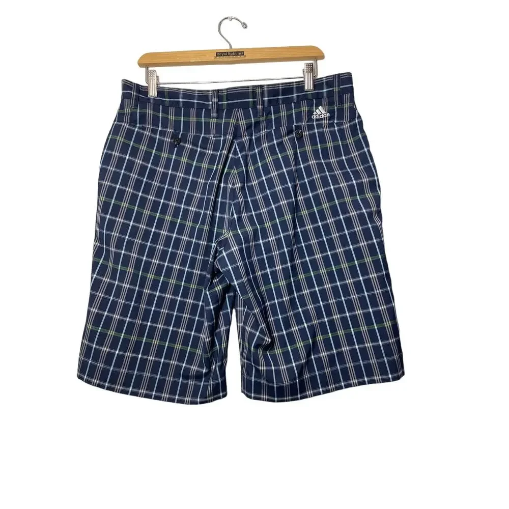 adidas Mens Golf Shorts Navy Blue Plaid 34 Flat Front